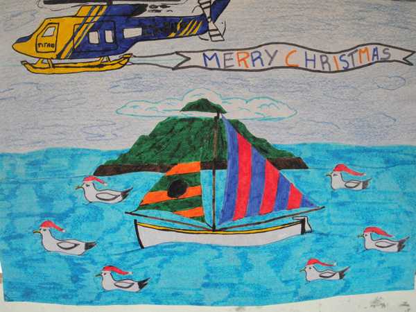 Nei disegni di Natale dei bimbi di Tristan da Cunha compaiono albatros col berretto rosso di Babbo Natale